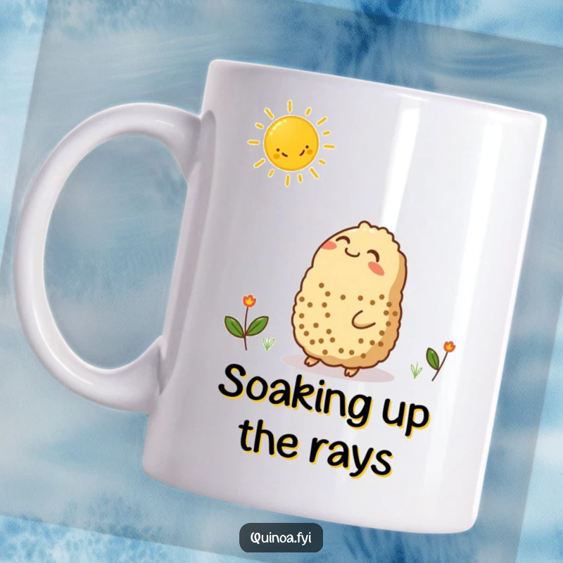 Funny mug showing a contented quinoa character looking up at a smiling sun graphic, radiating warmth and peaceful happiness.