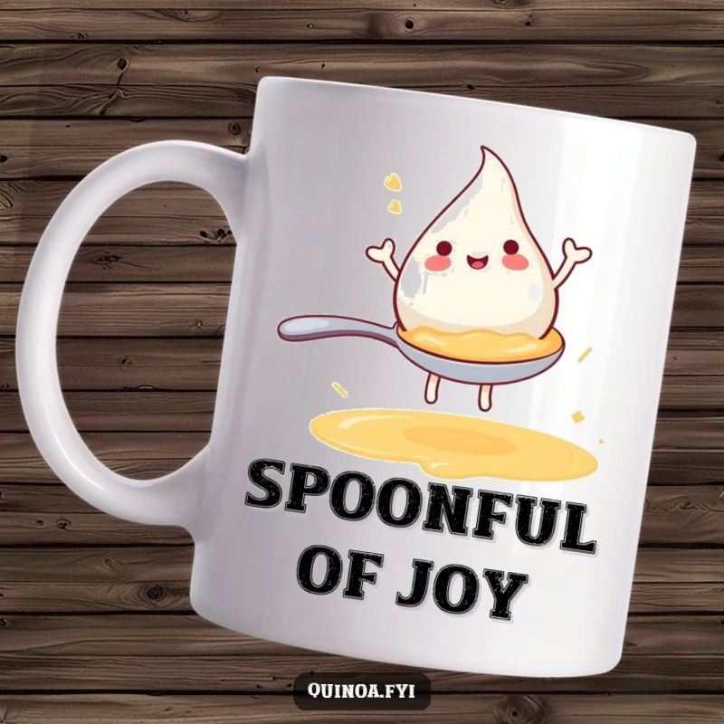 Funny mug featuring a joyful anthropomorphic broth droplet gleefully riding a tiny spoon, capturing pure culinary happiness.