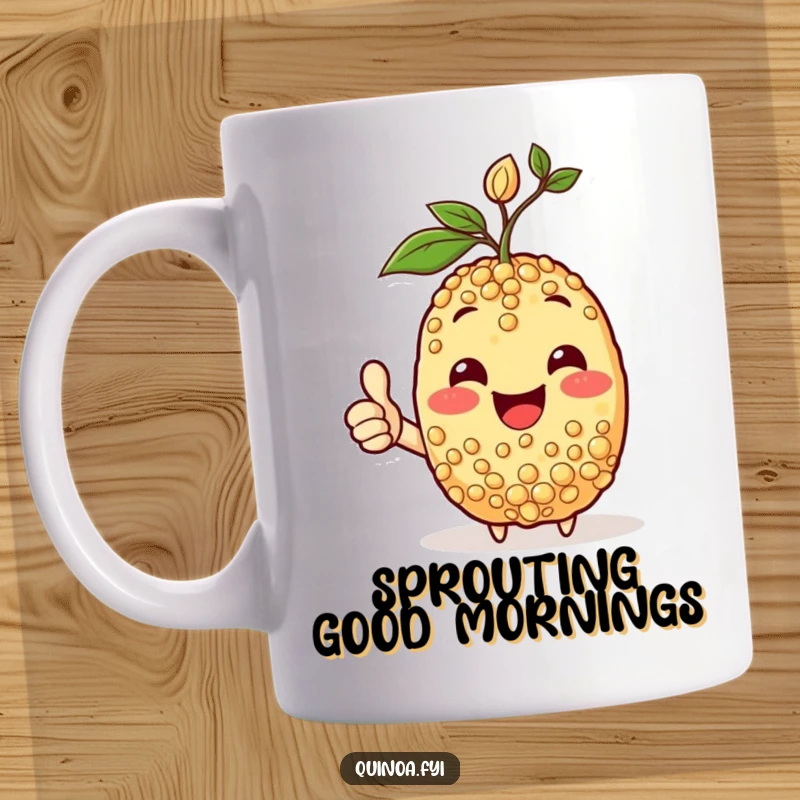 Funny mug showing a happy quinoa character with a green sprout on its head, giving an optimistic thumbs-up.