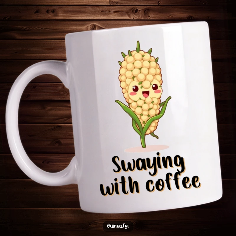 Funny quinoa stalk character mug, gently swaying with a delightful expression, embodying peaceful vibes and a touch of humor.