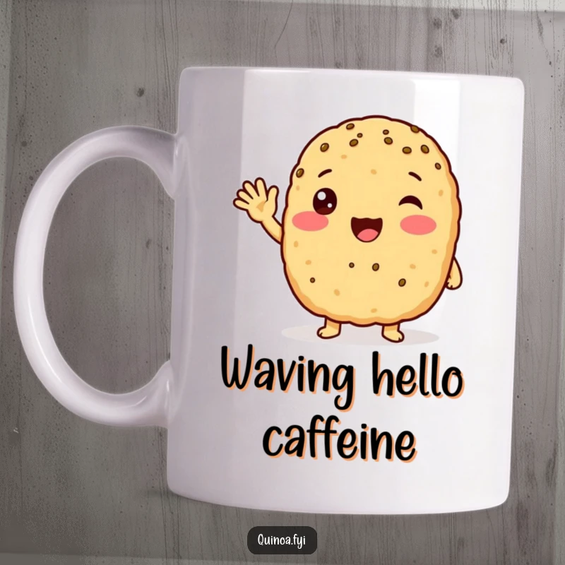 Funny anthropomorphic quinoa patty with a friendly wave, looking excited and radiating warmth and positive energy.