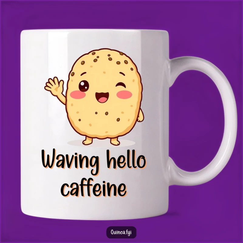 Funny Excited Quinoa Patty Mug: Friendly Waves & Flavor, Perfect Funny Gift