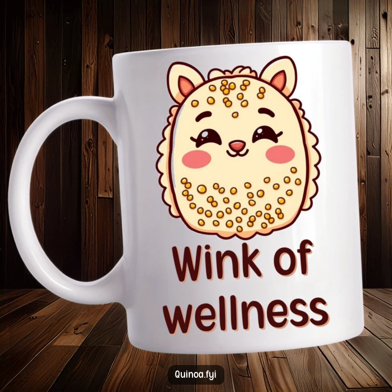 Funny quinoa bar mug featuring a cheerful bar with smiling eyes, playfully winking.