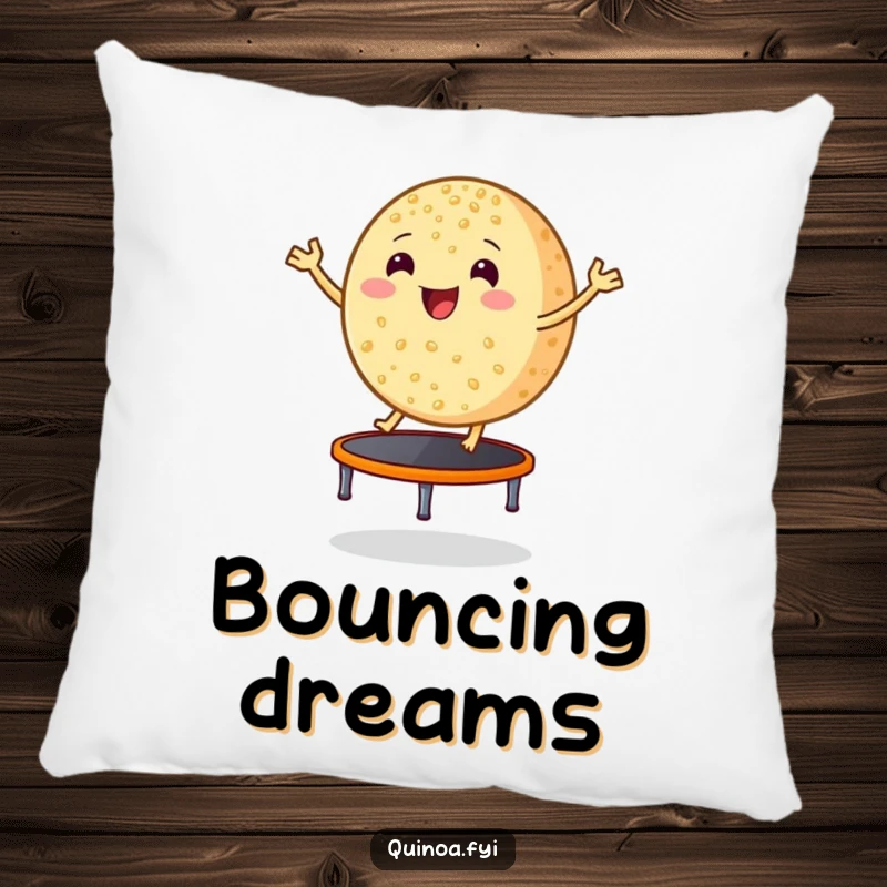 Funny smiling, round grain of quinoa bouncing excitedly on a tiny trampoline, soft decorative pillow, bringing cheerful healthy energy.