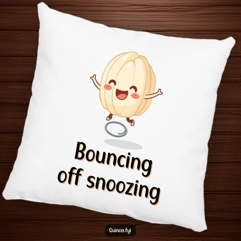 Funny decorative pillow with a happy anthropomorphic grain of rice joyfully bouncing on a spring, offering comfort and playful cheer.