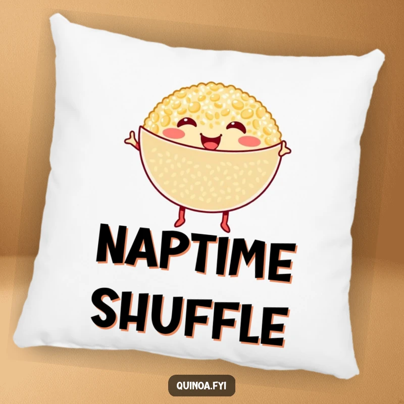 Funny Quinoa Pillow: Smiling quinoa bowl with tiny legs dances happily, designed for comfort and radiating positive food vibes.