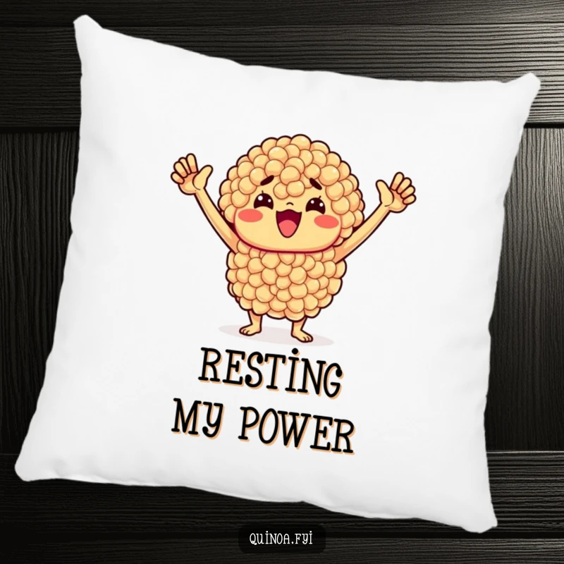 Funny Quinoa Pillow: Determined quinoa cluster with raised arms represents strength and healthy ambition, designed for comfort.