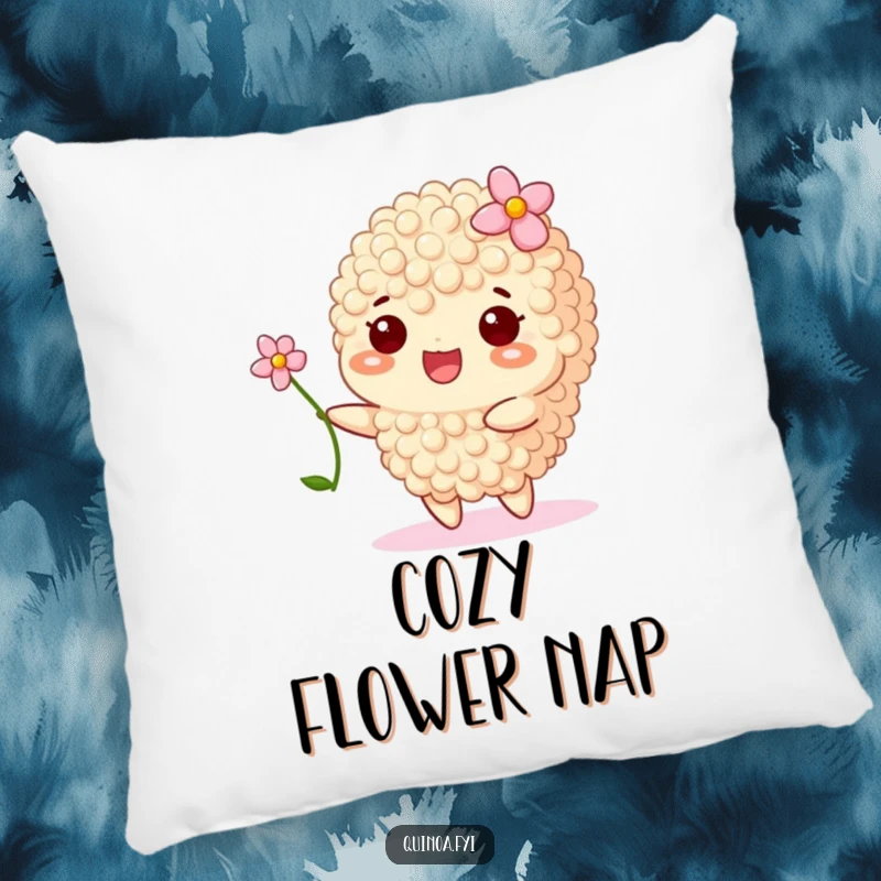 Funny pillow design of a happy quinoa grain with a flower, swaying gently, a soft and cheerful accent.