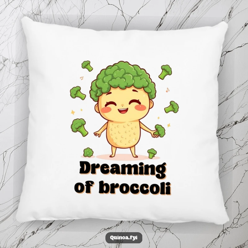 Funny Quinoa Juggling Pillow: A curious quinoa character with a grin juggles tiny broccoli florets, offering comfort and amusement.