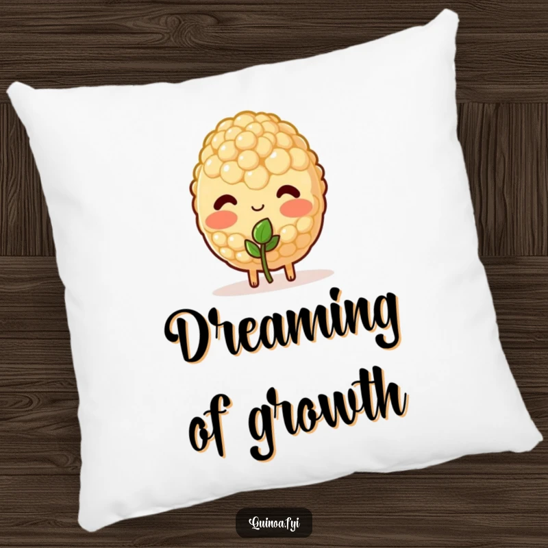 Funny pillow featuring a blushing quinoa character shyly offering a sprout, offering comfort and sweetness.