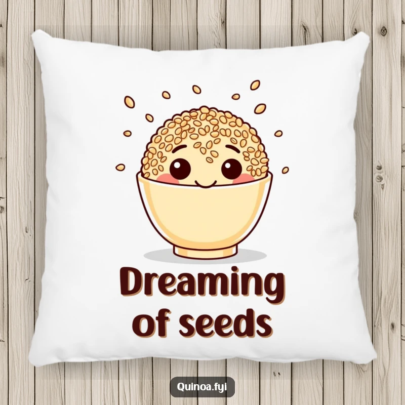 Funny Quinoa Pillow featuring a happy face juggling seeds, a soft and humorous accent for any couch or bed.