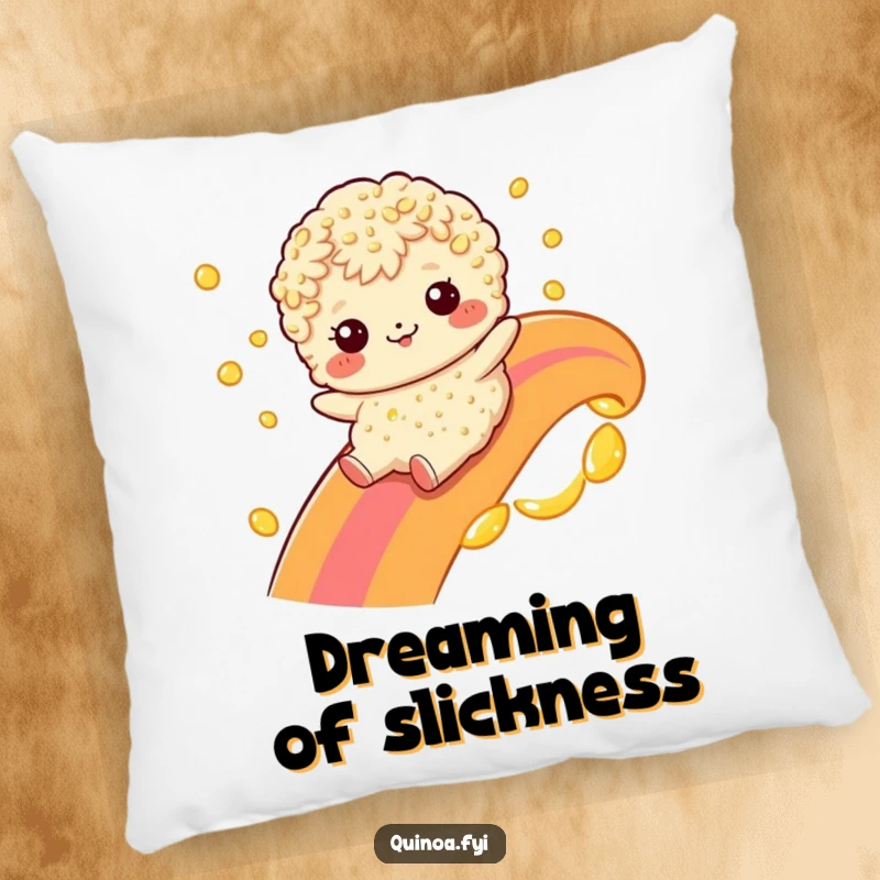 Funny quinoa character sliding down a rainbow made of oil on a soft pillow, an amusing and cozy home decor item.