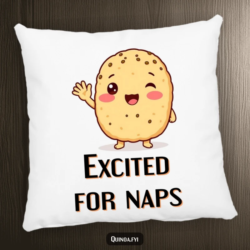 Funny anthropomorphic quinoa patty with a friendly wave, looking excited pillow, offering a plush and cheerful addition to any couch or bed.