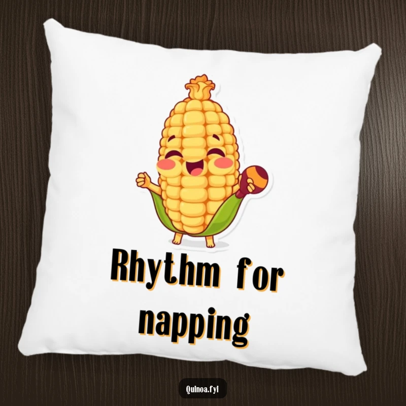 Funny decorative pillow with a happy anthropomorphic corn kernel playing maracas, offering comfort and a dose of festive humor.