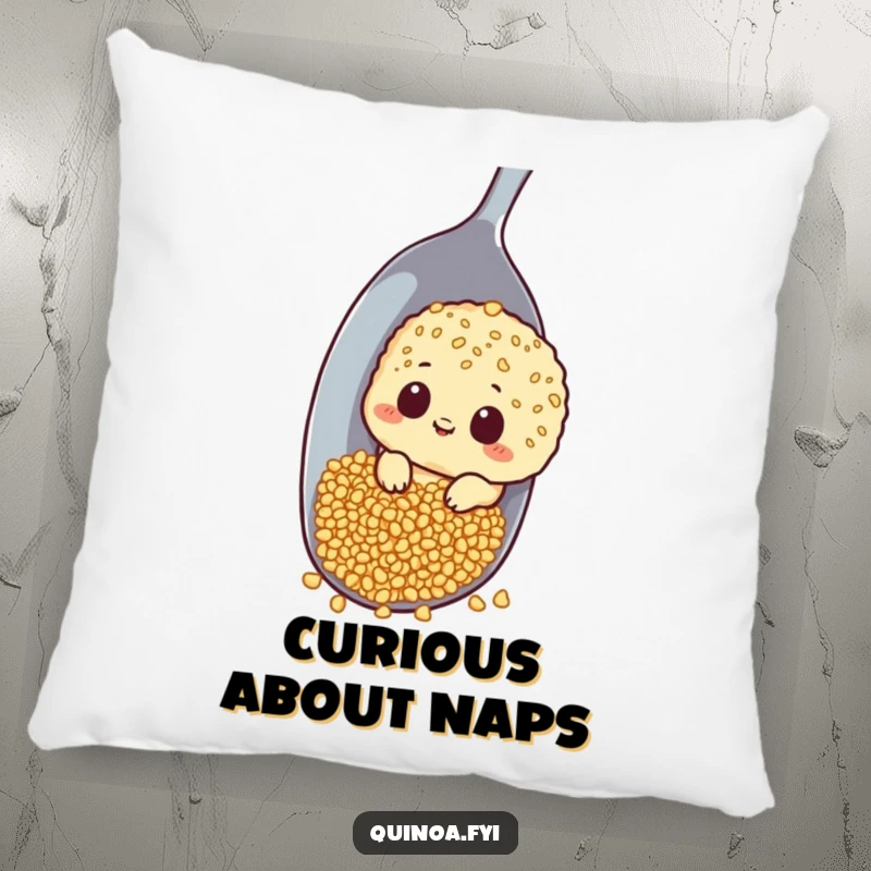Funny pillow featuring a curious quinoa character peeking around a giant spoon, offering comfort and mystery.