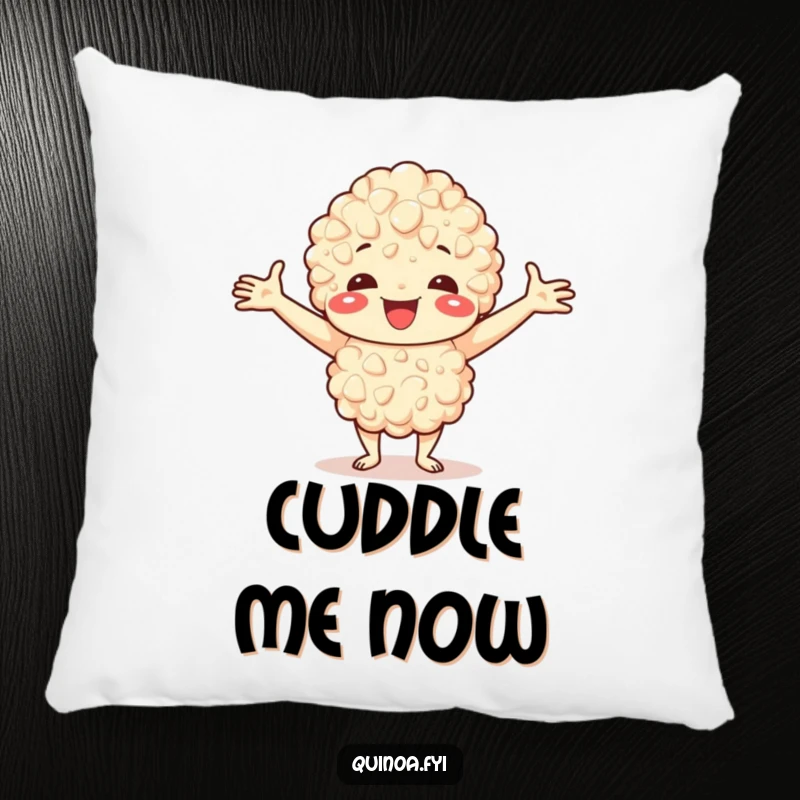 Funny pillow featuring a happy quinoa character with outstretched arms, offering comfort and a welcoming feel.