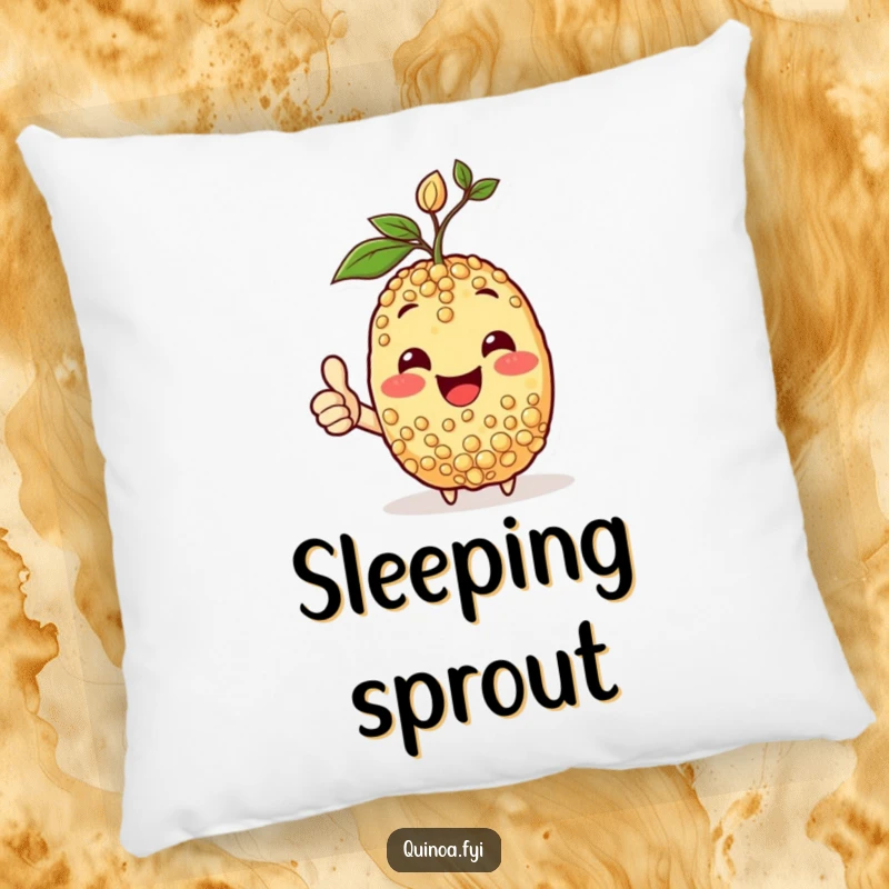 Funny pillow showcasing a happy quinoa character with a sprout, giving a thumbs-up, offering comfort and positive vibes.