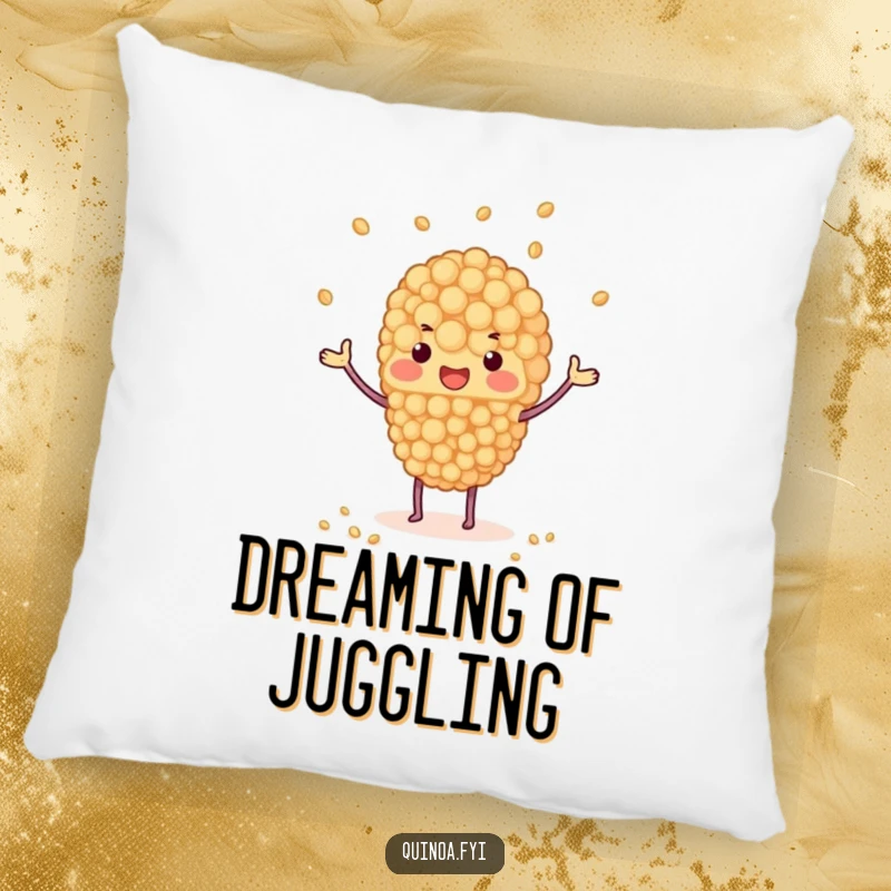 Funny pillow with a quinoa cluster juggling tiny grains, soft and humorous comfort item, ideal for a funny gift.