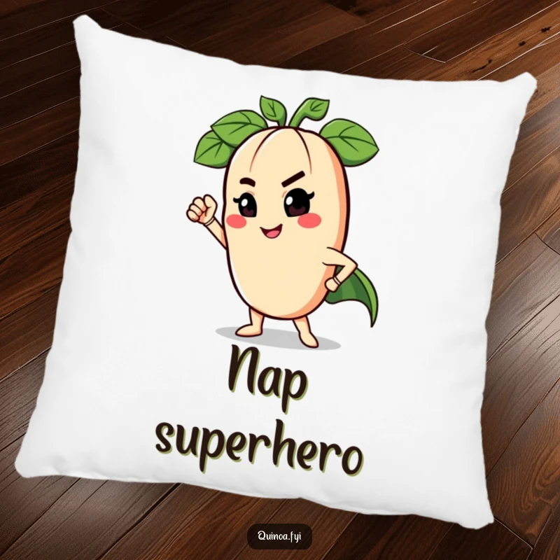 Funny pillow showcasing a winking anthropomorphic legume in a heroic superhero pose, adding a touch of playful comfort.