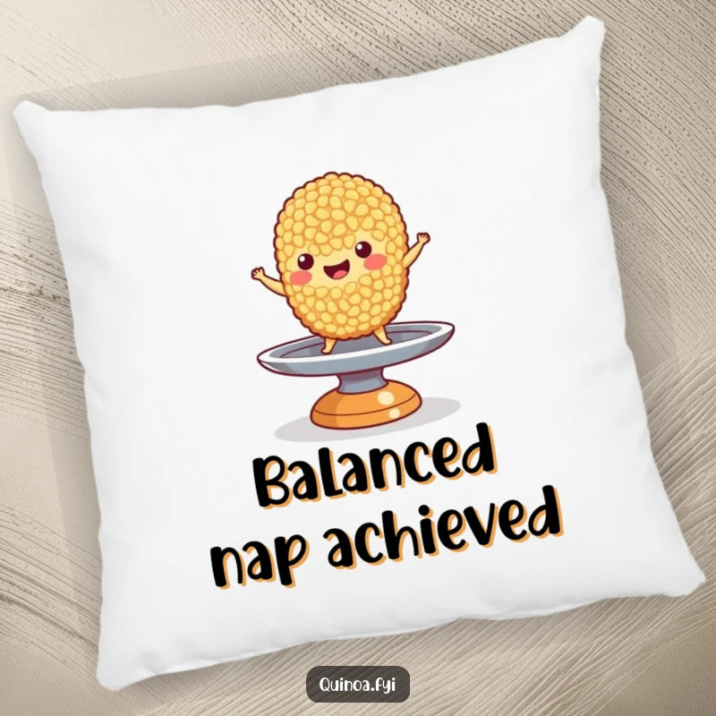 Funny Quinoa Pillow: A happy quinoa grain character balancing on a tiny spinning plate, offering plush comfort and humorous appeal.
