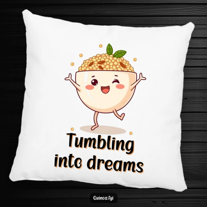 Funny decorative pillow with a happy anthropomorphic quinoa bowl doing cartwheels, offering comfort and a splash of healthy humor to any room.