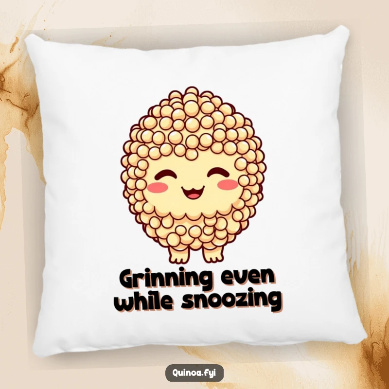 Funny pillow featuring a smiling quinoa cluster character with a cheeky grin, perfect for comfort and a humorous accent.