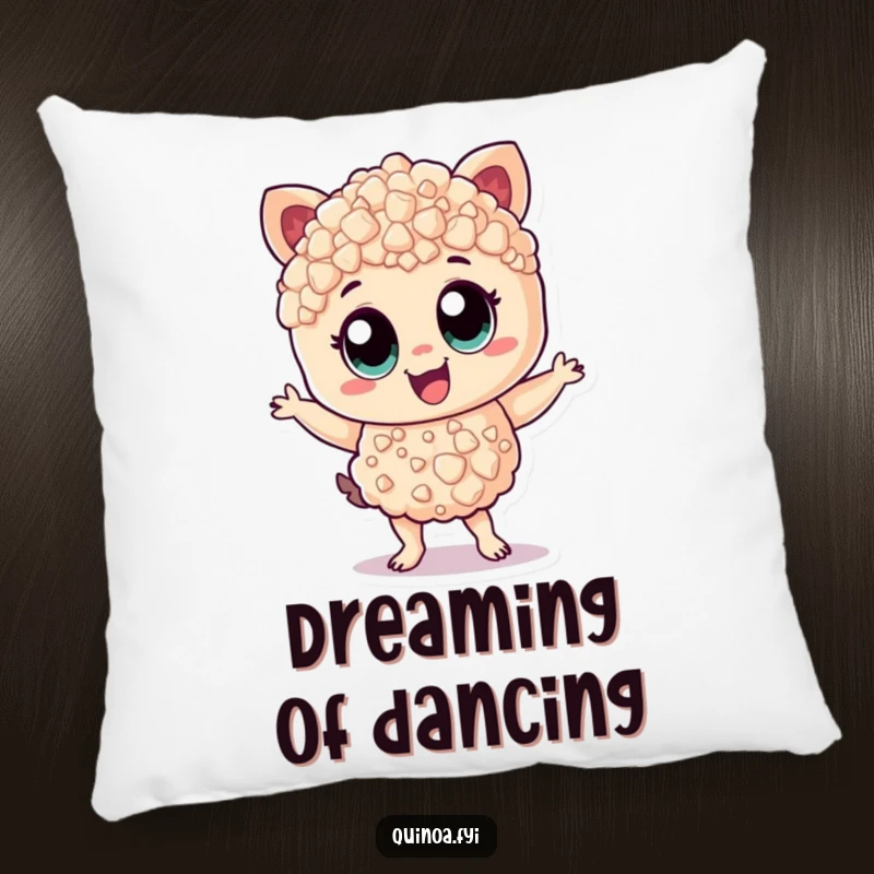 Funny Pillow: Cheerful quinoa character with wide eyes, dancing with zest, bringing humor and comfort.