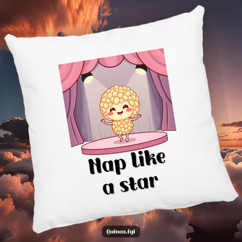 Funny quinoa dancer pillow featuring a smiling quinoa grain cluster performing a graceful dance, perfect for adding comfort and humor.