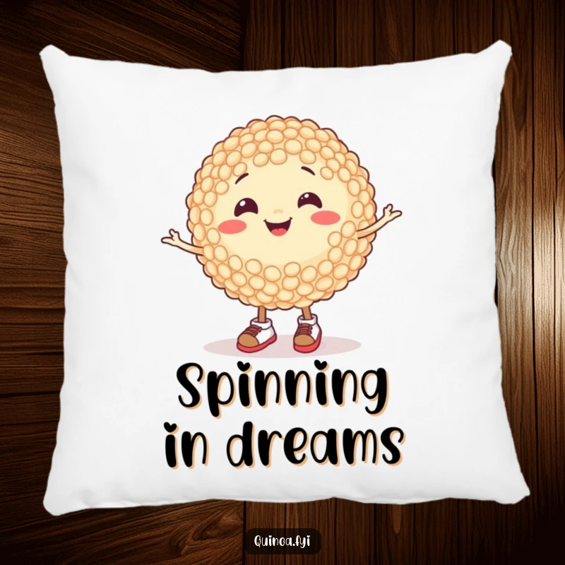 Funny pillow with a smiling quinoa grain in tiny shoes, spinning happily, soft and humorous comfort item, ideal for a funny gift.