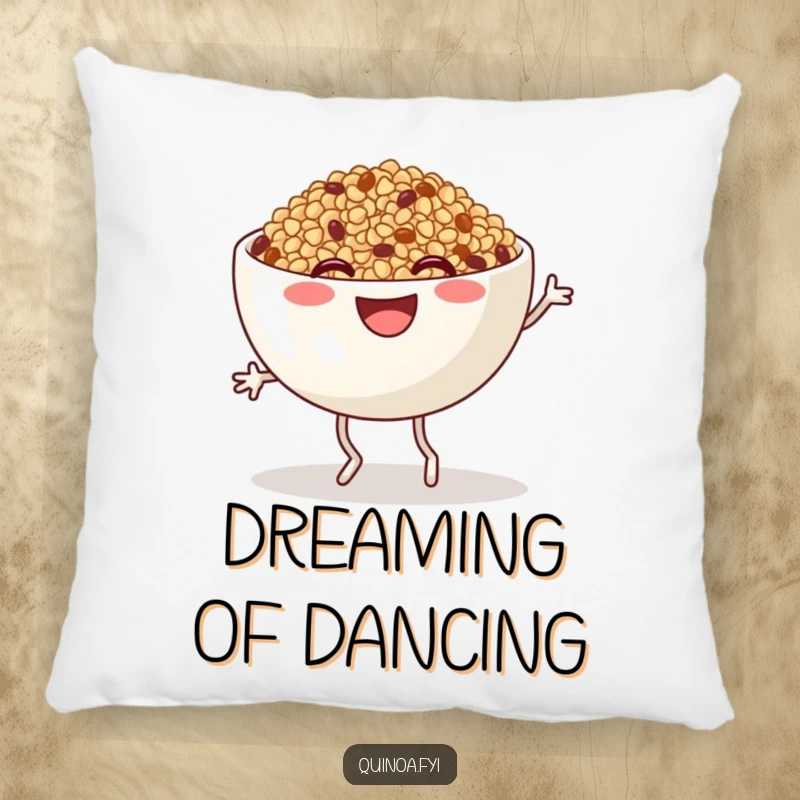 Funny Quinoa Pillow: A smiling quinoa bowl character with legs performing a lively jig, offering soft comfort and humorous appeal.