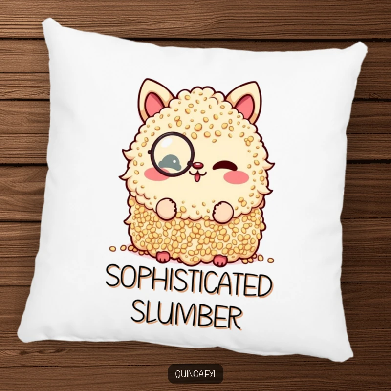 Funny pillow showcasing a quinoa pile with a monocle, winking playfully for cozy amusement.