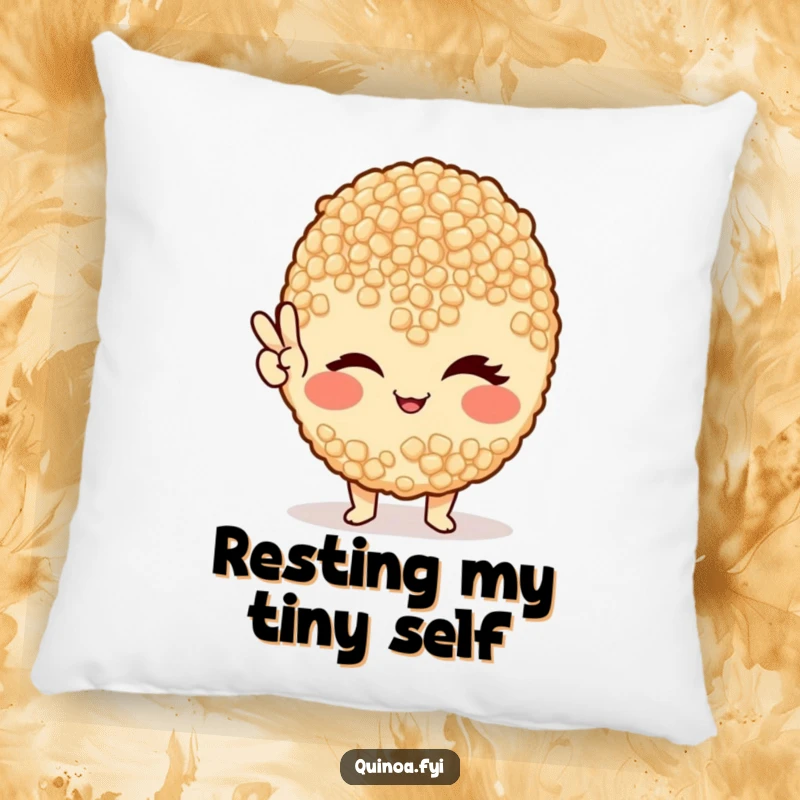 Funny pillow design of a winking quinoa grain giving a peace sign, a soft and humorous addition.