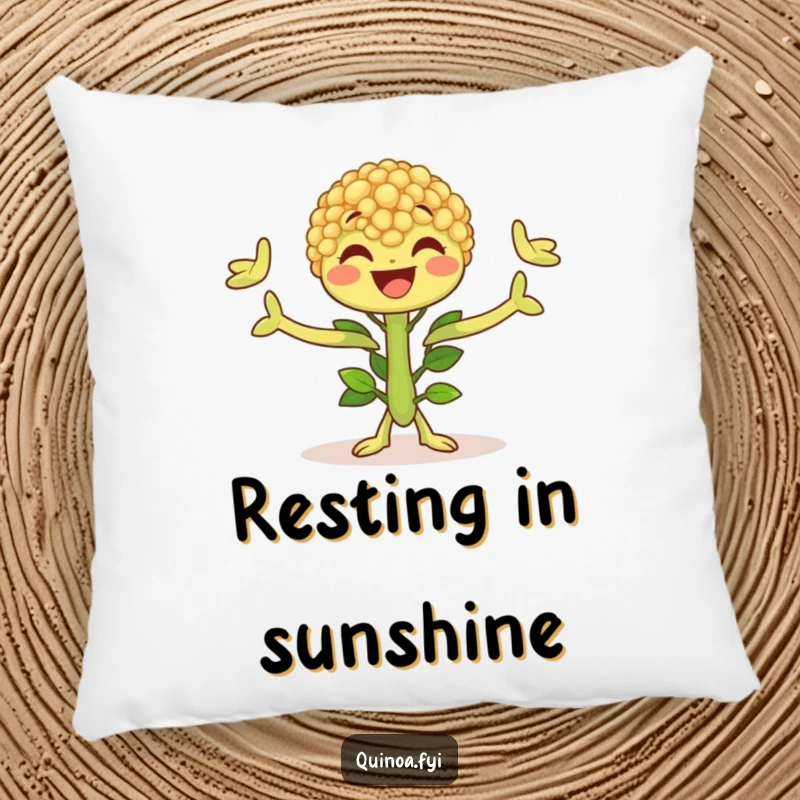 Funny Quinoa Plant Pillow featuring a soft, joyful character with leafy arms, perfect for adding comfort and humor to any seating.