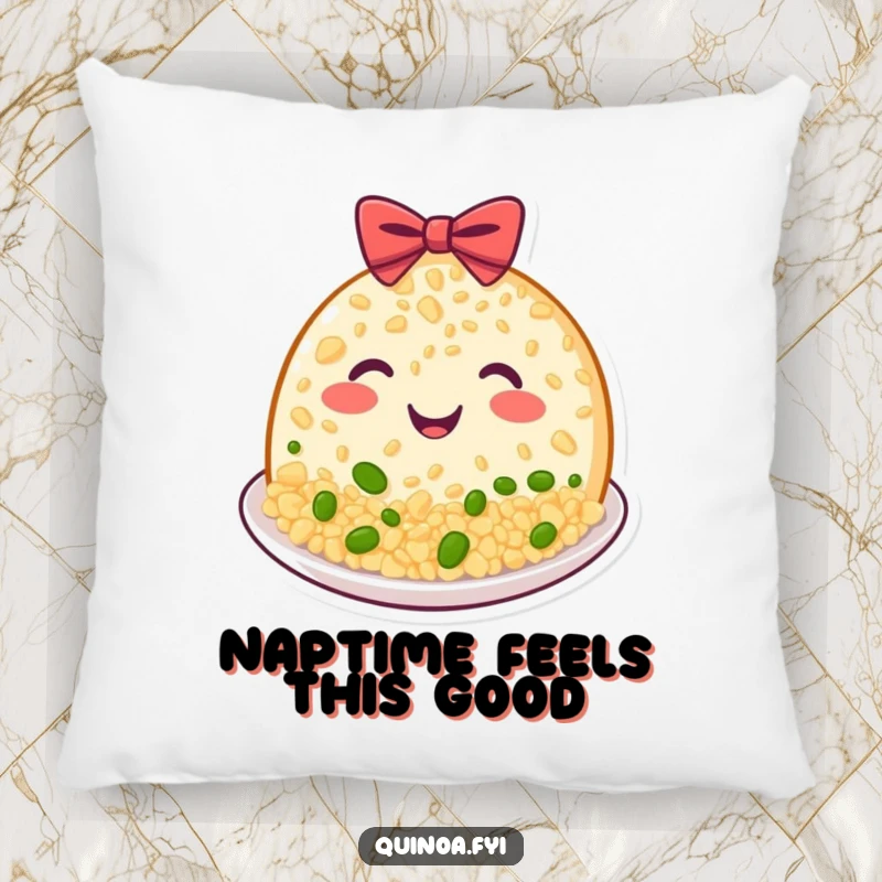 Funny Quinoa Plate Pillow with a beaming, happy grinning plate of food in a polite bow, cute funny gift.