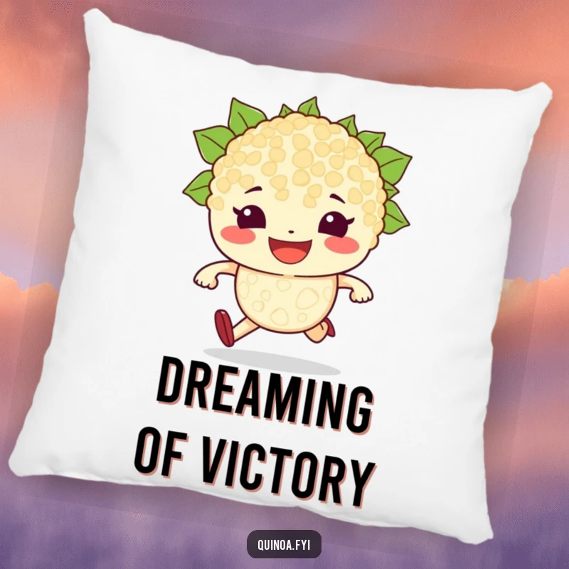 Soft, funny pillow showcasing a determined quinoa grain character with a grin, ready for a race, offering comfort and motivational energy.