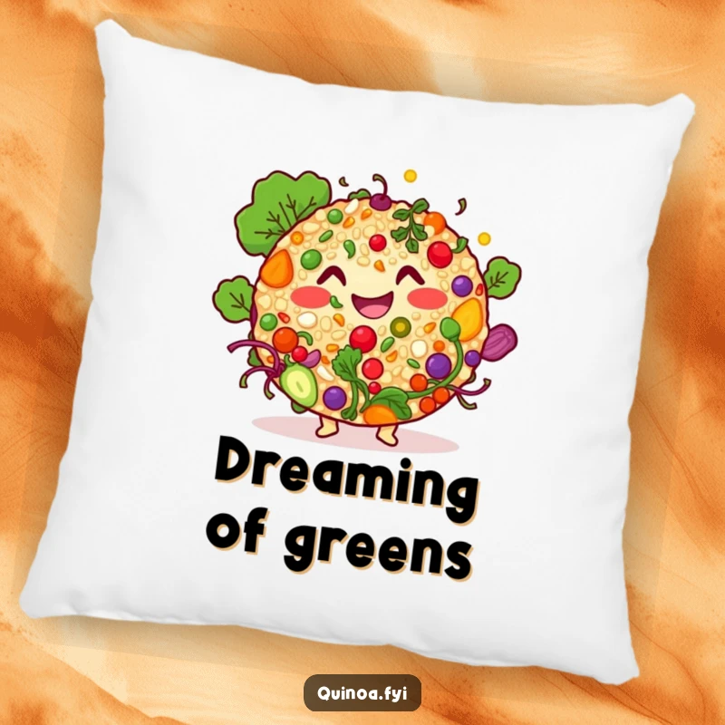 Funny quinoa salad character pillow, depicted as a happy bowl with colorful ingredients, offering comfort and culinary cheer.