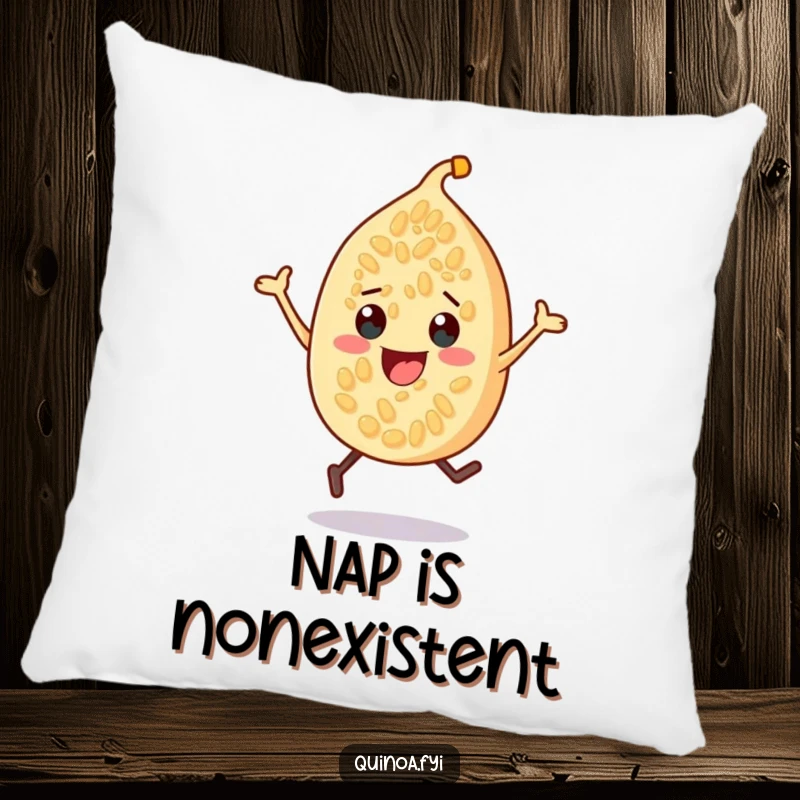 Funny quinoa seed character pillow, depicted in a cheerful, bouncing pose, offering comfort and a touch of playful energy.