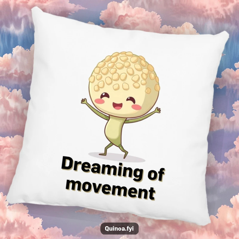 Funny Quinoa Sprout Pillow featuring a dancing character with cute, wiggling roots, providing comfort and a touch of playful energy.