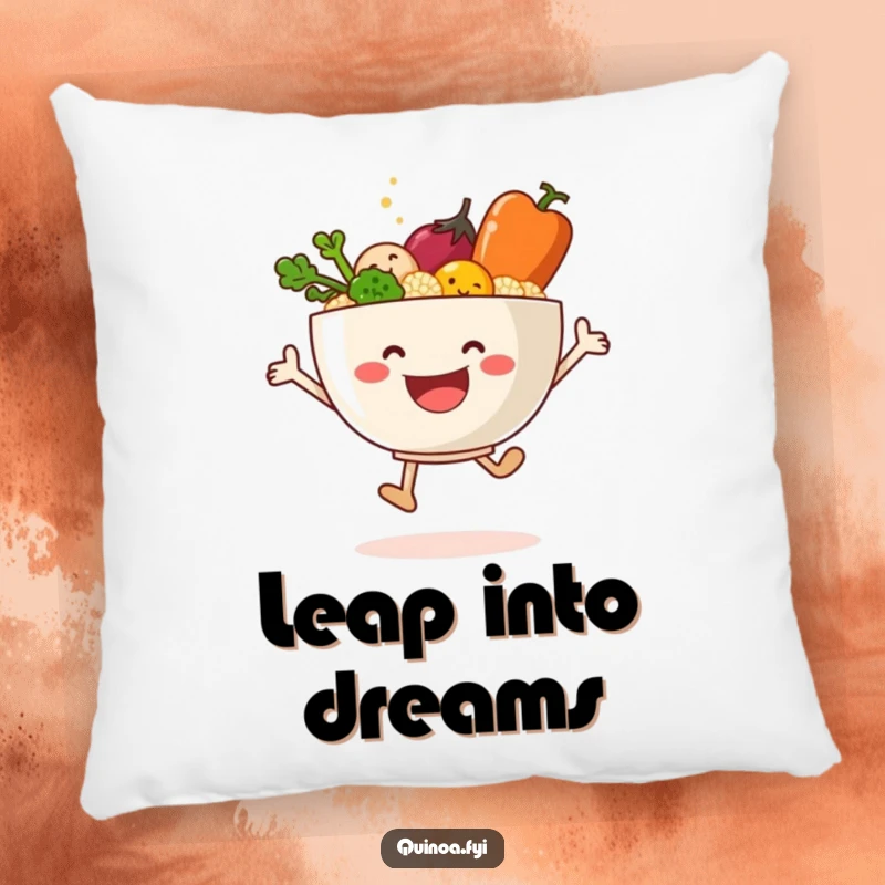 Funny pillow featuring a smiling quinoa bowl and vegetables in a dynamic, joyful leaping pose.