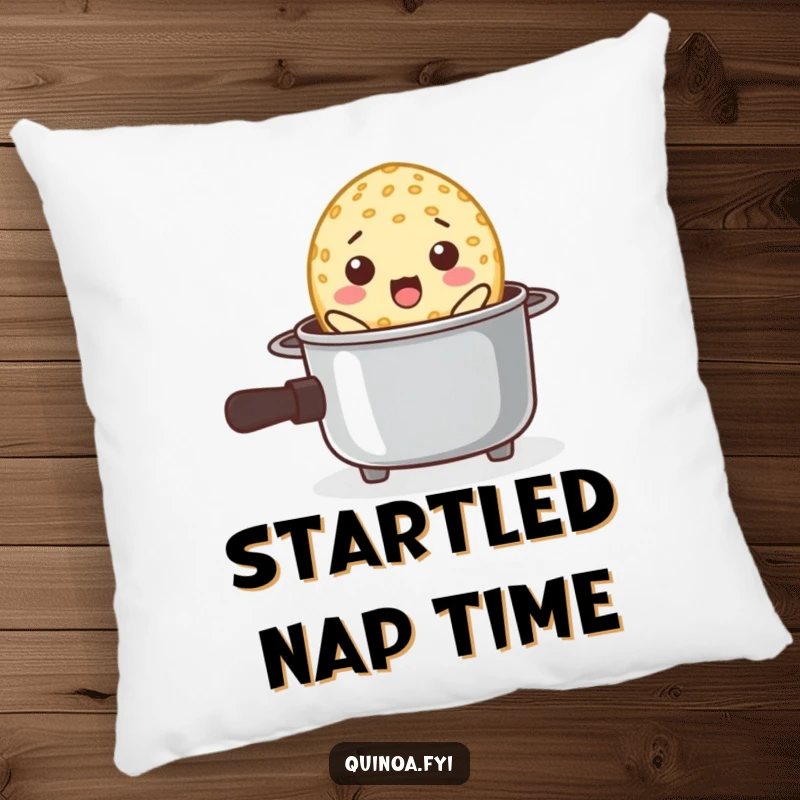 Funny pillow design of a surprised quinoa grain popping out of a tiny cooking pot, a humorous accent.