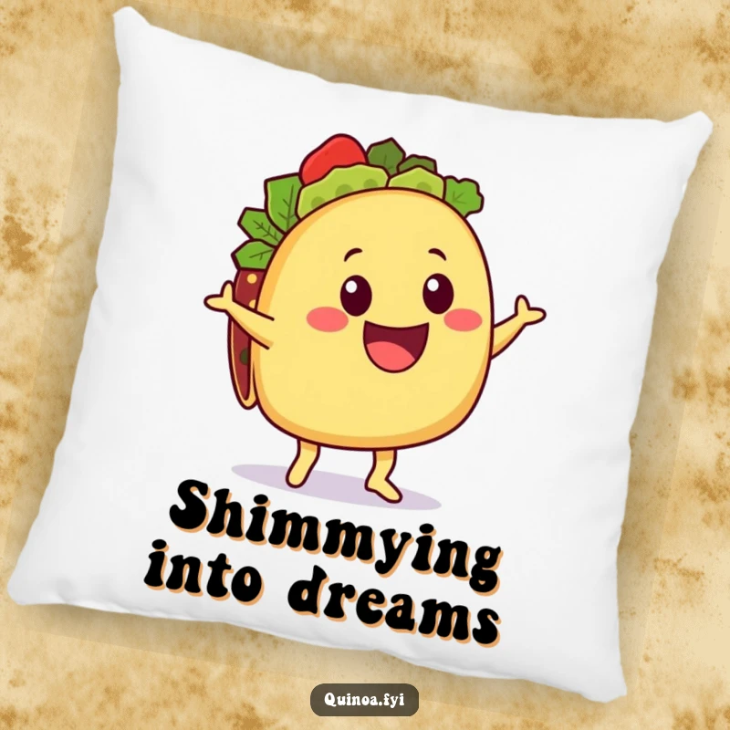 Funny Taco Pillow: A delighted taco character with a quinoa filling doing a happy shimmy, serving plush comfort and festive humor.