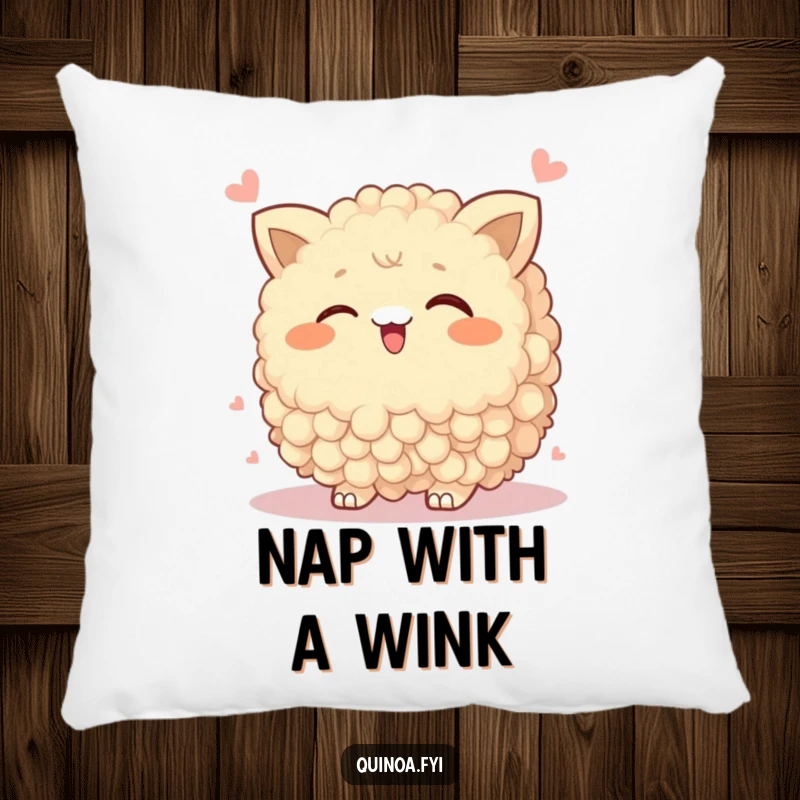 Funny Pillow with a wobbly quinoa cluster winking playfully, offering humorous comfort and a charming accent.