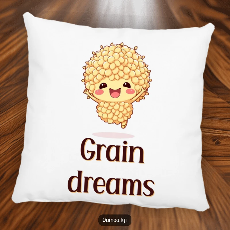 Funny Quinoa Pillow: A happy, anthropomorphic quinoa cluster is shown mid-hop, offering a soft, comforting, and amusing decorative pillow.
