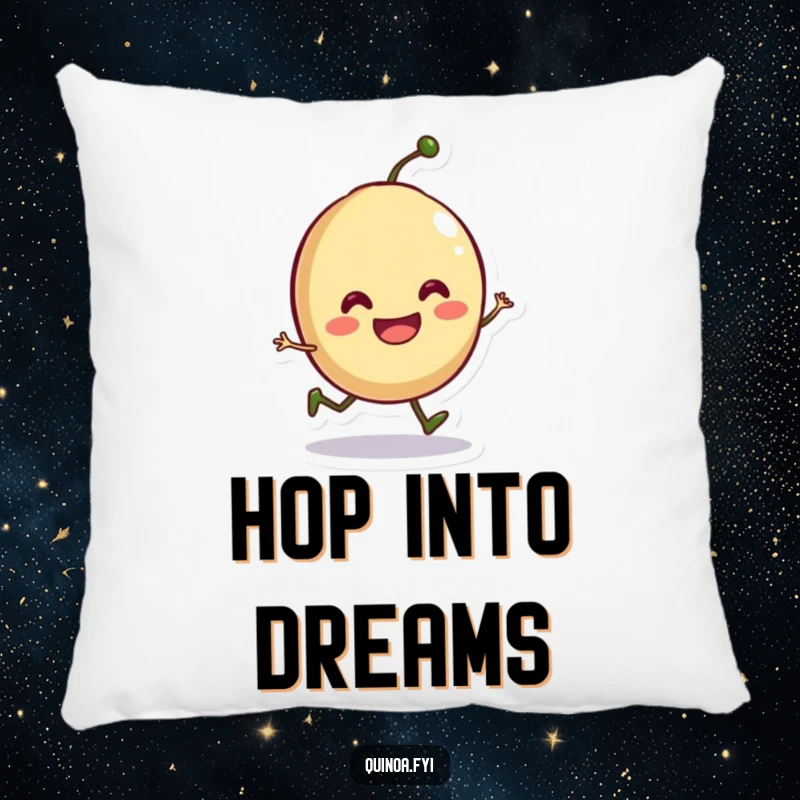 Funny pillow featuring a smiling anthropomorphic seed doing a playful hop, offering soft comfort and humorous charm.