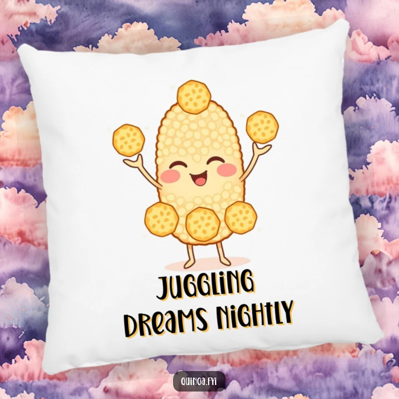Funny Quinoa Pillow: A cheerful quinoa character juggling three smaller grains with a wink, offering plush comfort and humorous appeal.