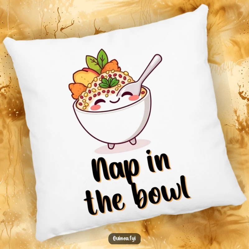 Funny and soft pillow featuring a smiling quinoa bowl character with a playful spoon, perfect for comfort and smiles.