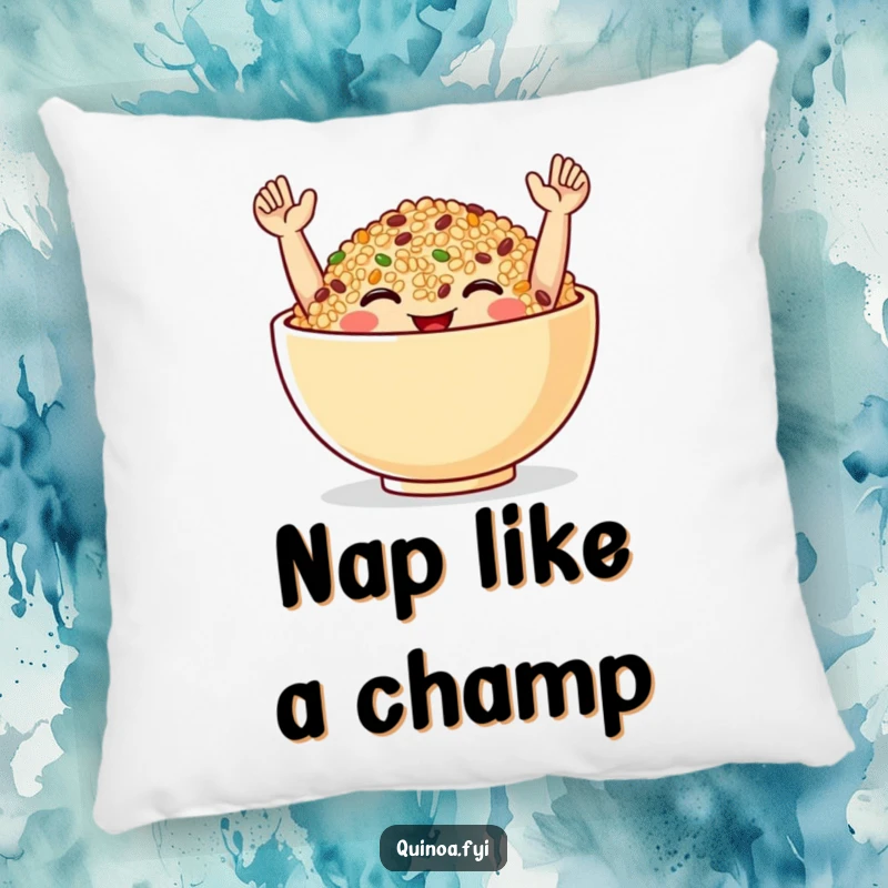 Funny Pillow with a smiling quinoa bowl in a celebratory pose, offering humorous comfort and a cheerful accent to any sofa.