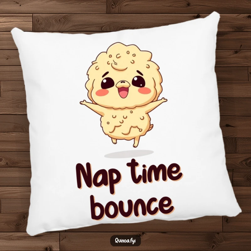 Funny pillow featuring a giggling quinoa character bouncing with pure delight, offering comfort and cheer.