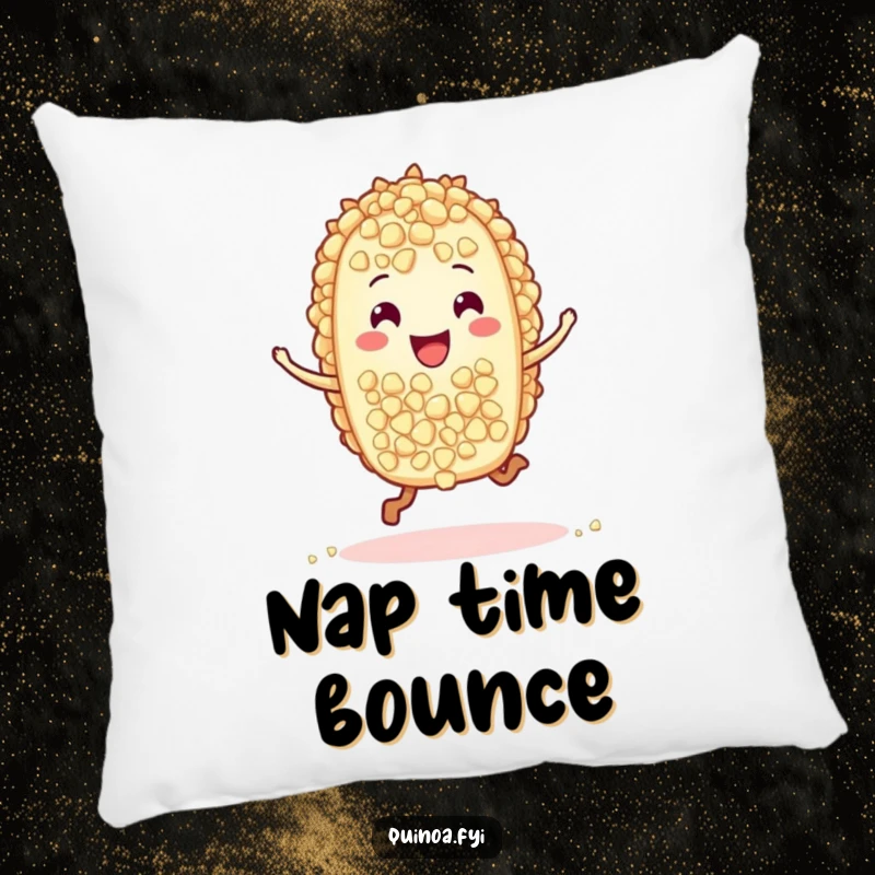 Soft, funny pillow adorned with a delightful hopping quinoa grain character, offering comfort and a touch of whimsical humor to any seating area.