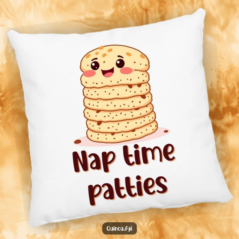 Funny Quinoa Patties Pillow with a stack of patties wiggling joyfully, a soft and humorous touch for any room.